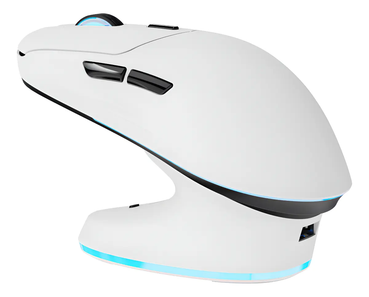Mouse Gamer Inalambrico Thunderobot Ml7 Blanco Paw3311 Recargable 1000hz 12000dpi Rgb Con Soporte De Carga Sistema De Prepresión De Teclas Independientes Con cable + USB 2.4Ghz Receptor + Bluetooth