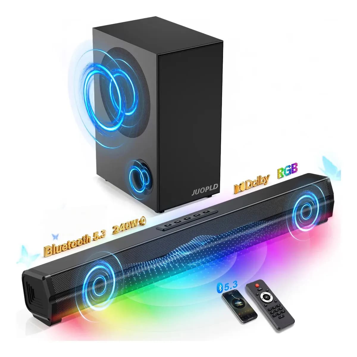Barra De Sonido Con Subwoofer 240w 2.1 Canales Luces Rgb 7 Colores 5 Modos, Juopld Home Theater Dolby Dts Con Bluetooth 5.3/aux/usb/hdmi(arc), Pantalla Led Y Control Remoto Por Tv/pc/teléfono/tableta