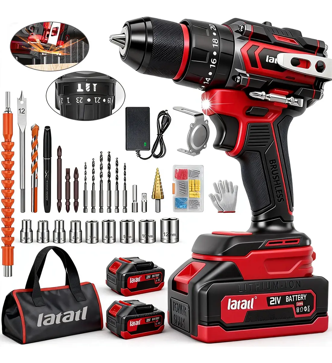 Taladro Atornillador Inalámbrico 21V Sin Escobillas - Rotomartillo, 20+3 Torque, 2Vel, 2Baterías, Kit Accesorios, Luz LED