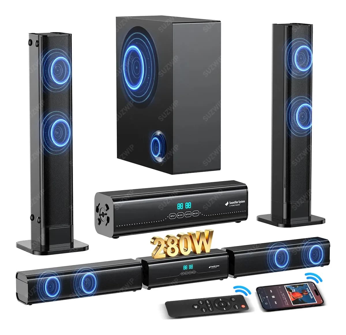 280w Barra De Sonido Con Subwoofer 2.1 Canales Teatro En Casa Suzwip Desmontable En Tres Tecnología Dsp Conector Aux/hdmi(arc)/usb/coaxial/optical/fm-ant Home Theater Control Remoto Y Bluetooth 5.3