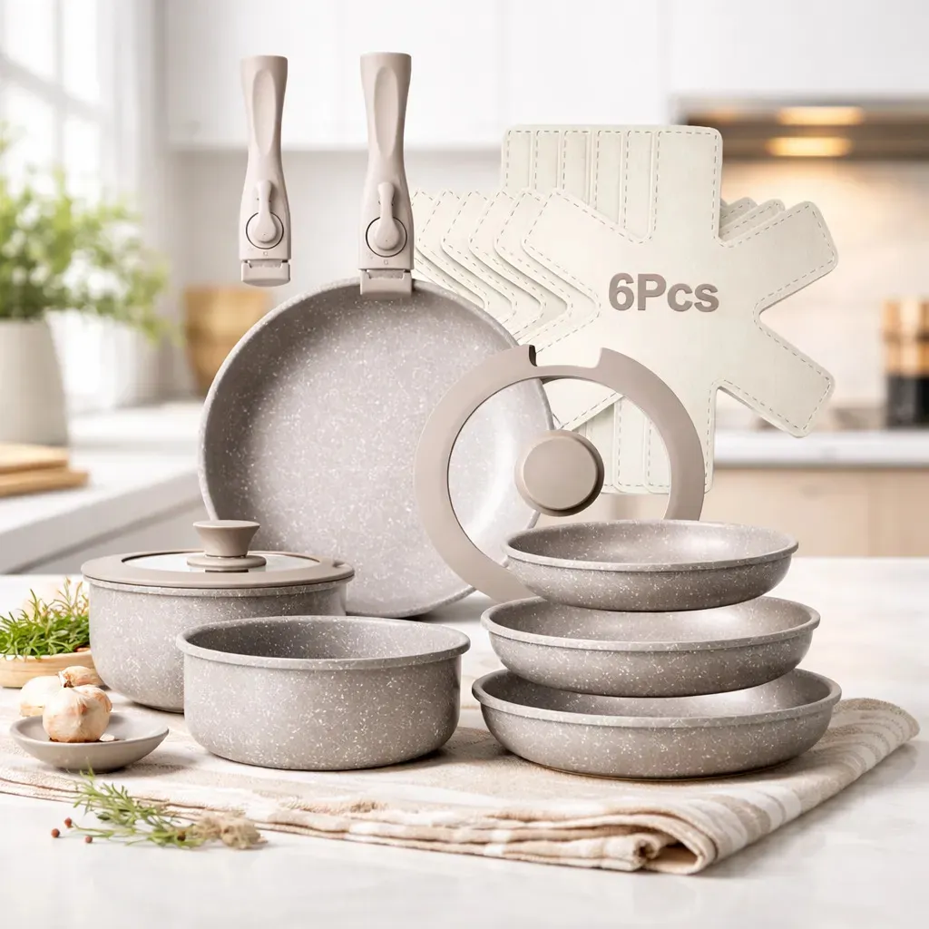 Furrific Batería De Cocina Juego De Sartenes 16 Piezas De Utensilios Antiadherentes Ollas Con 2 Mangos Desmontables Y 2 Tapas De Vidrio, Compatible Con Inducción Gas Y Horno