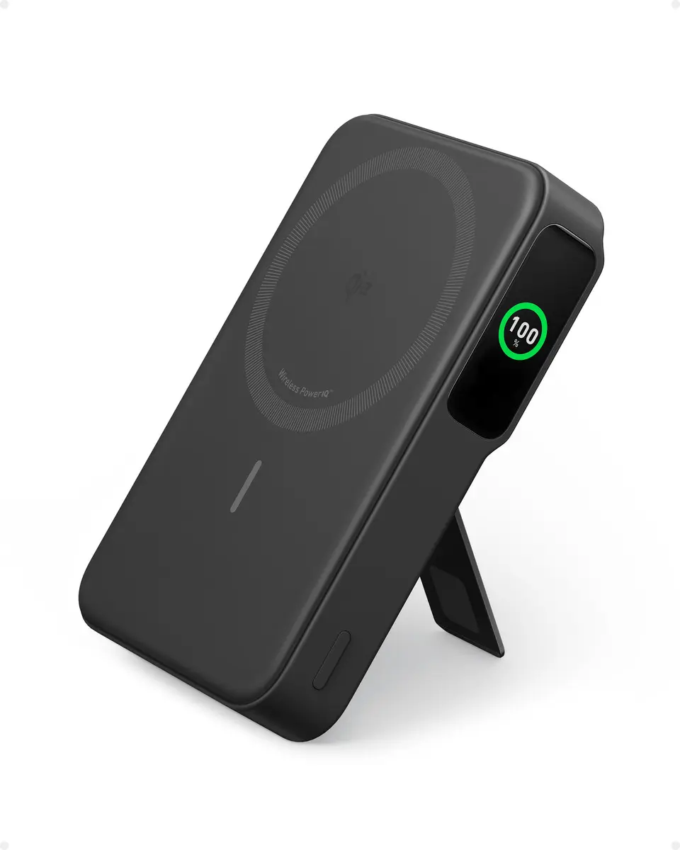 Power Bank Anker MagGo Qi2, Cargador portátil, 10000mah, 15W batería, inalámbrica pantalla inteligente soporte plegable compatible con magsafe para iphone 17/16/15/14/13, Color negro
