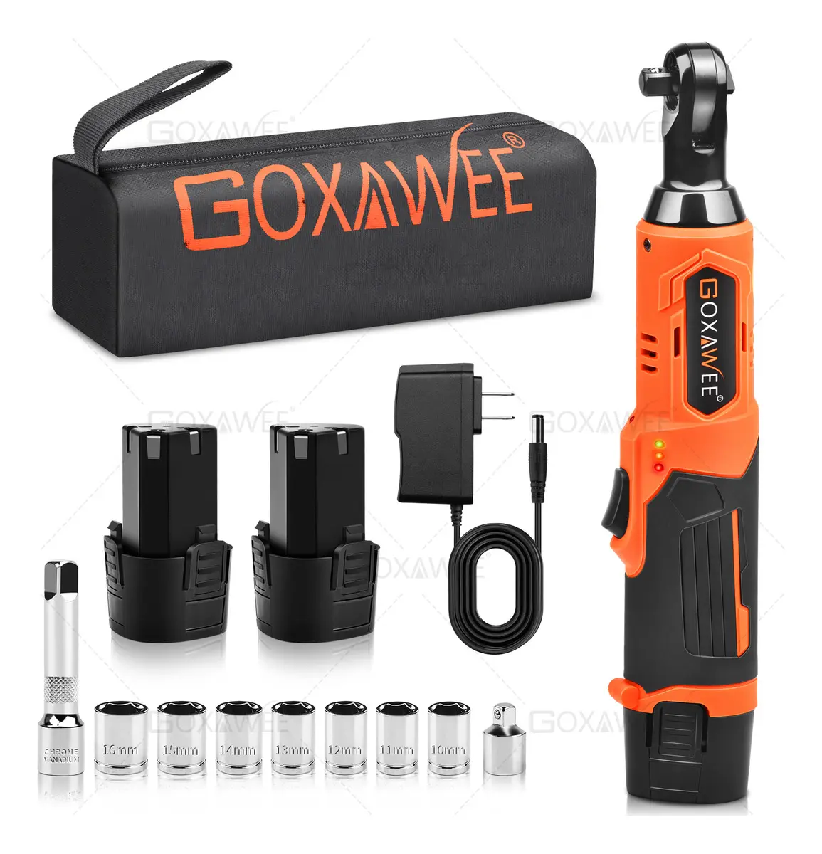 Goxawee® Llave De Impacto Inalambrico 3/8 , Matraca Eléctricas 46n.m, Trinquete Electrico 1500mah Batería*2, Velocidad Regulable Sin Escalonamiento, Con 7 Vasos Y Bolsa De Transporte