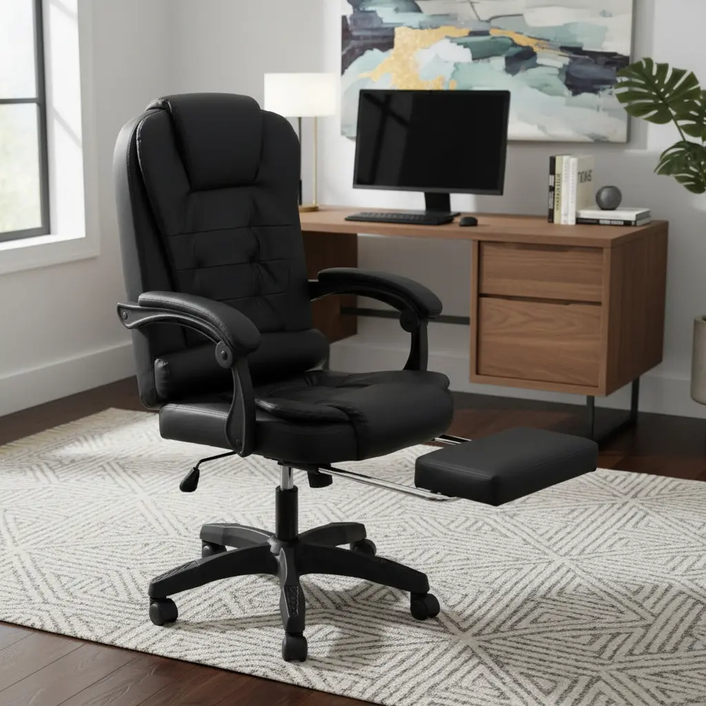 Silla Escritorio Oficina Ejecutiva Ergonómica Con Reposapies Color Negro Líneas Material Del Tapizado Cuero Sintético