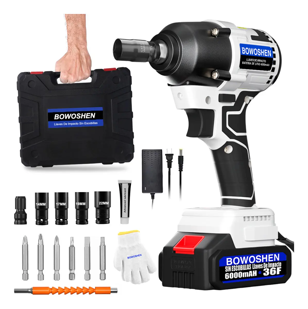 Llave de Impacto Inalámbrica BOWOSHEN Sin Escobillas con Mandril de 1/2" y Batería 6 Ah