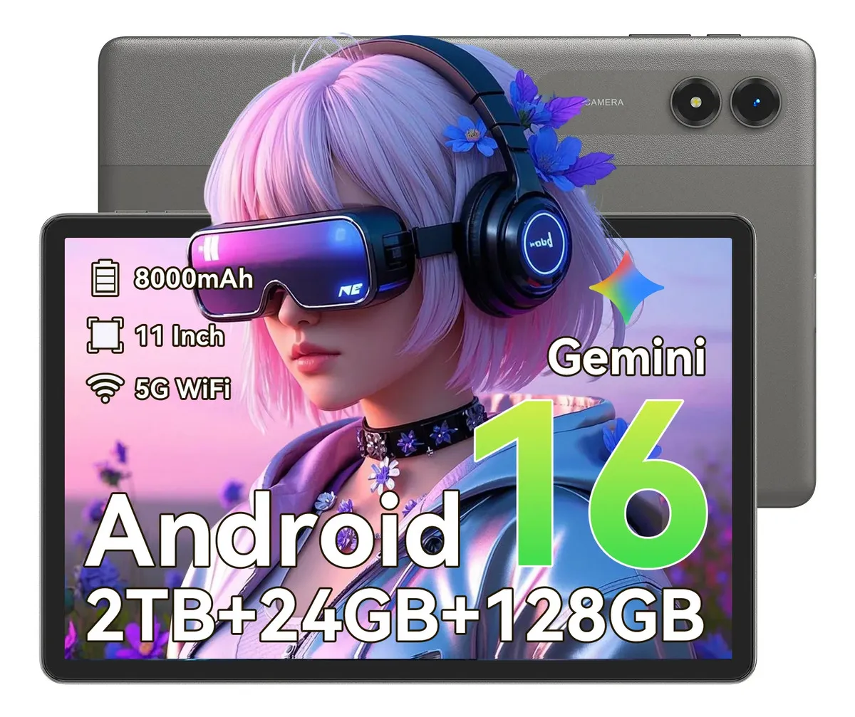 Tableta Android 11" con 24 GB RAM, 128 GB ROM, procesador T7250 de 8 núcleos, pantalla 90 Hz y batería de 8000 mAh con carga rápida y OTG.