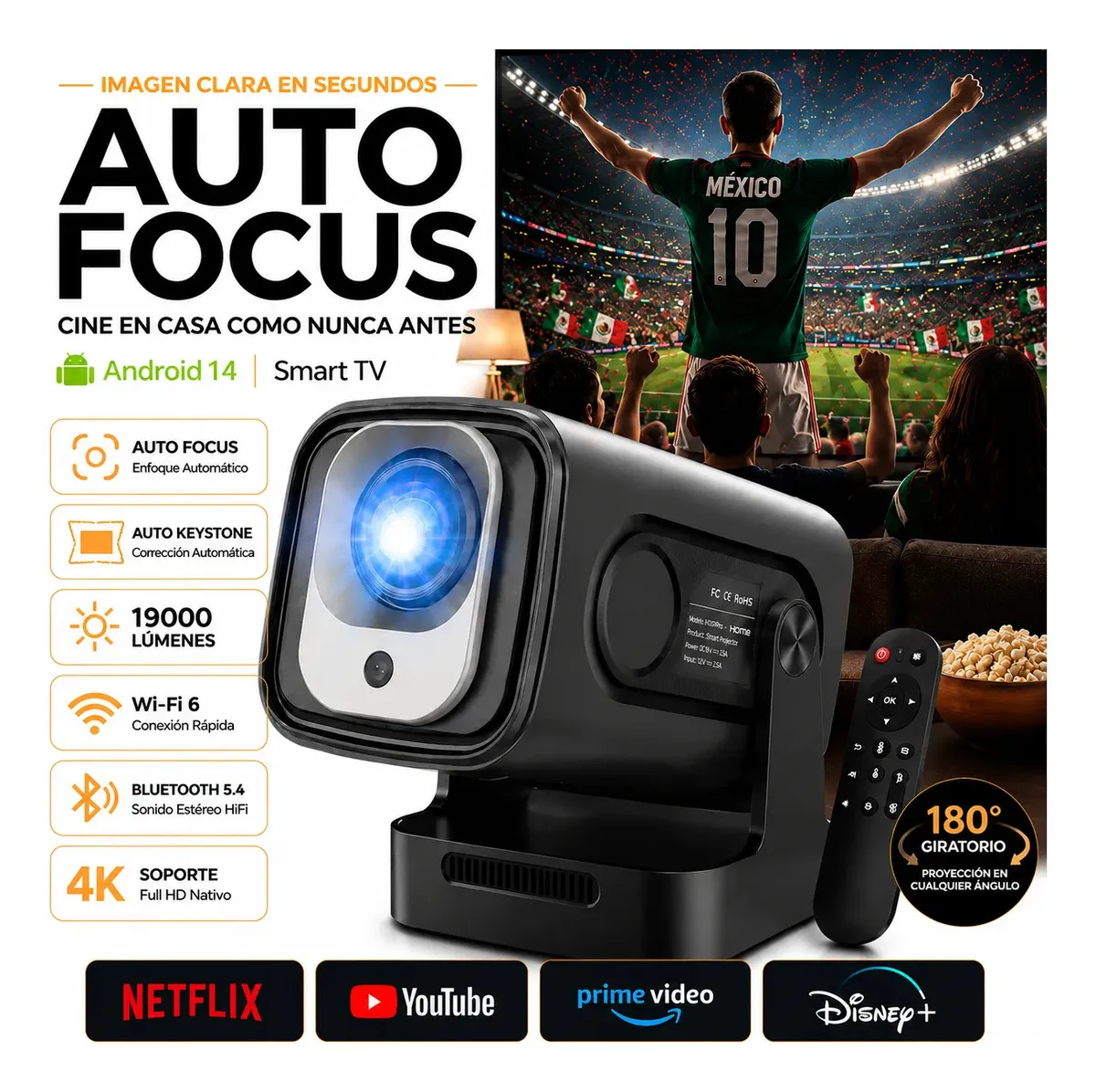 Proyector 4K Auto Focus Android 14 Smart TV WiFi6 Bluetooth Full HD 180° Portátil Cine En Casa Para Futbol