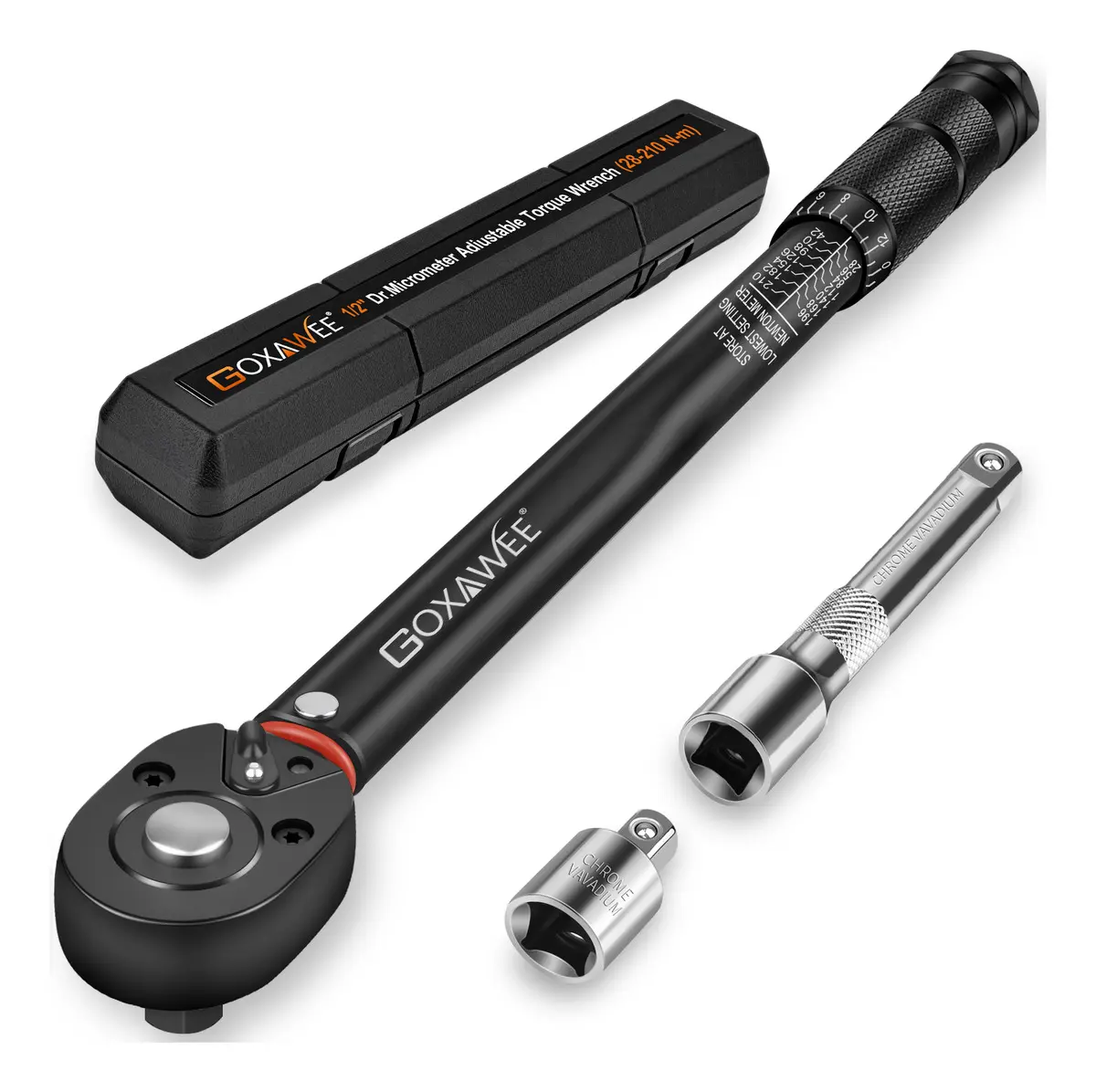 1/2'' 28-210nm Torquímetro Goxawee Llave De Torque, Desbloqueo giratorio con ajuste bidireccional, precisión +/- 3 %, incluye barra de extensión de 1/2'' y adaptador de 3/8'', aampliamente aplicado
