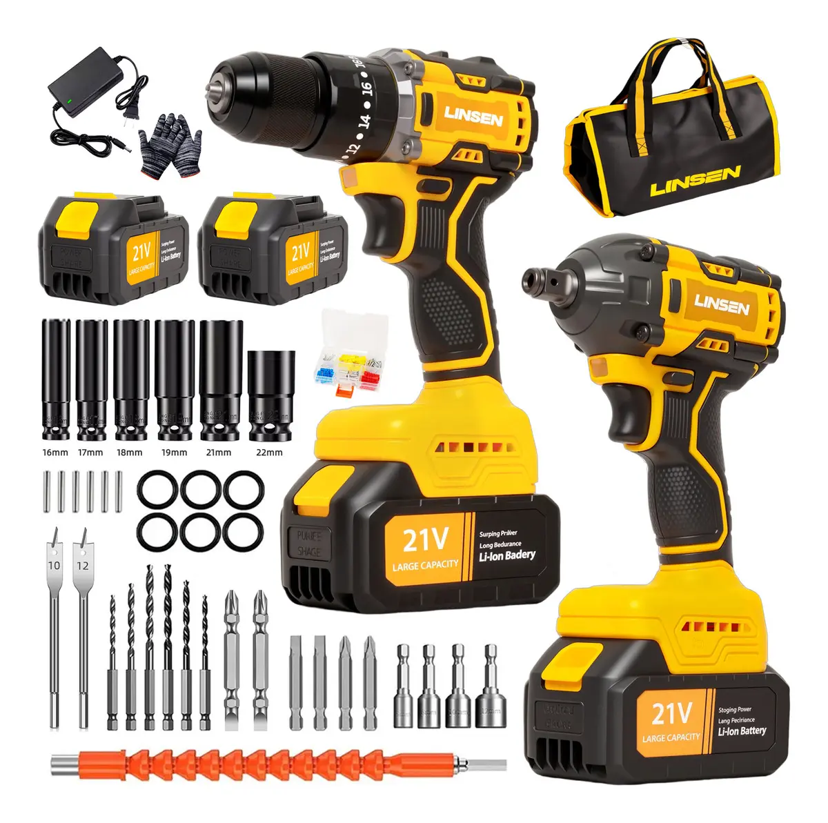 Kit de Taladro y Llave de Impacto Linsen Sin Escobillas de 21V Con 2 Baterías y Accesorios