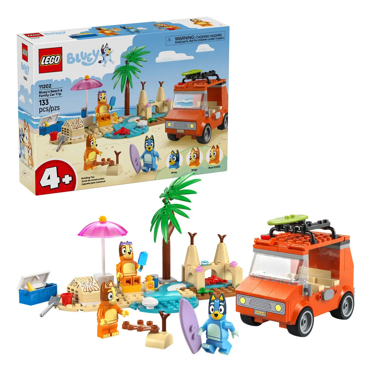 LEGO® Bluey Excursión Familiar a la Playa de Bluey 11202; juguete preescolar con minifiguras de Bluey, Bingo y Linda; incluye su inconfundible auto; 4+