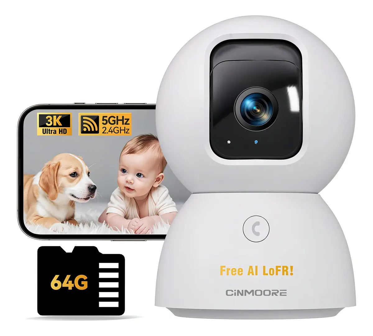 Cámara de Seguridad CINMOORE 5MP PTZ 360° Wi-Fi Visión Nocturna Audio Bidireccional