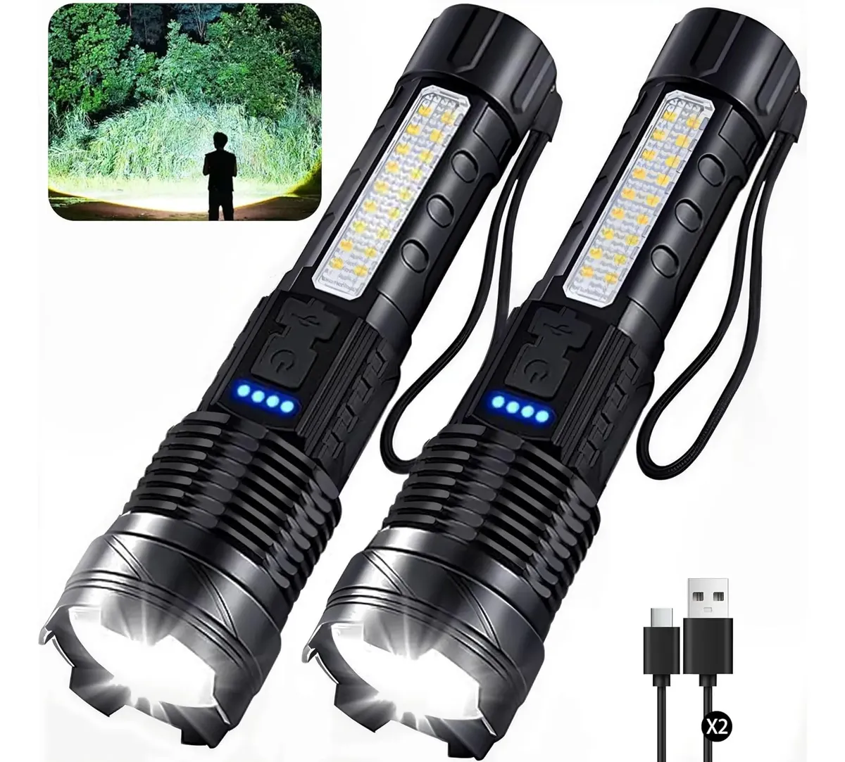 2pcs Lampara Táctica Usb Recargable Led Linterna