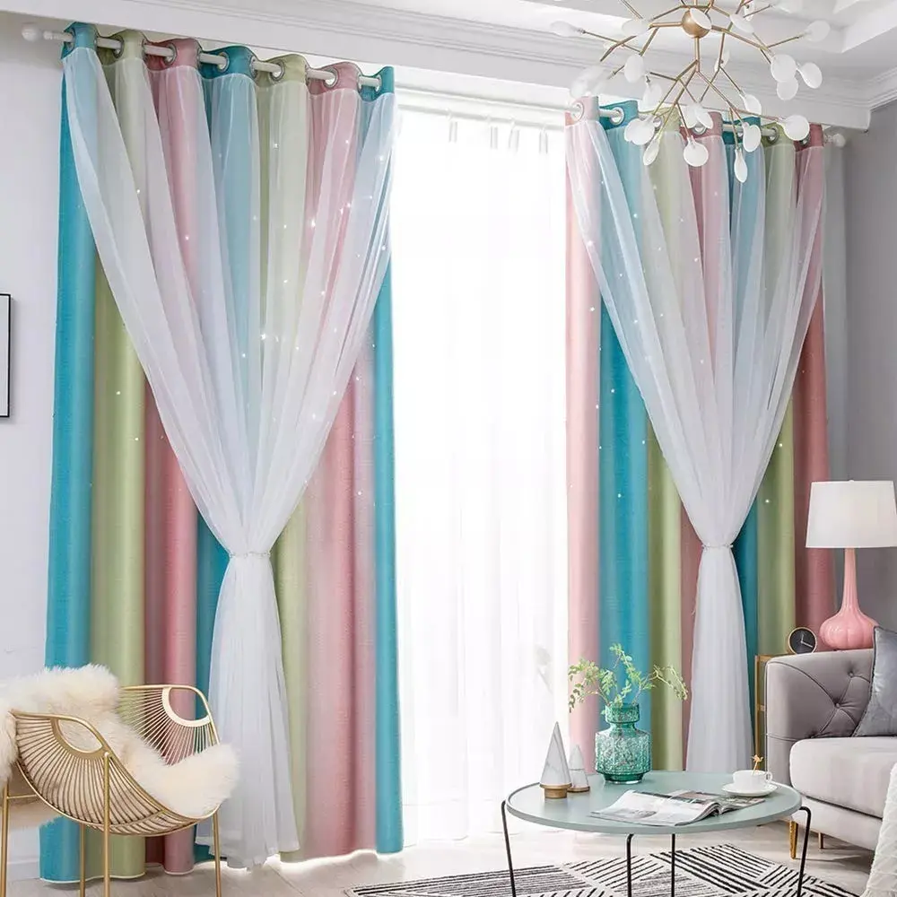 2piezas Cortinas Blackout Para Niños 132x240cm Con Estrellas Rosa