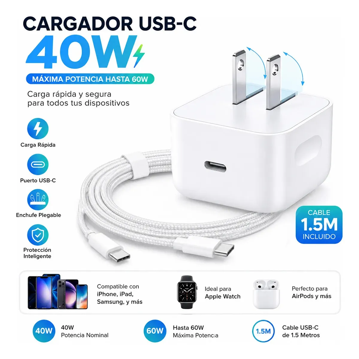 40w Cargador Rápido (Dinámico 60W Máx) Tipo C Compatible con iPhone 17/16/15 Pro Max/iPad/ Macbook/Air/Mini/ iPhone 17 Pro Max/16 Pro Max Carga Rápida Plegable y Portátil Con Cable 1.5m Allaceryvva