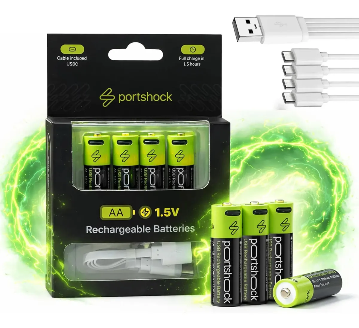 Pilas AA Recargables USB C Portshock Paquete 4 baterias (4 Unidades) de Alta Capacidad de 1.5 V, 2000 mAh, Carga rápida de 1.5 Horas, baterías Dobles A con Cable para Mando a Distancia