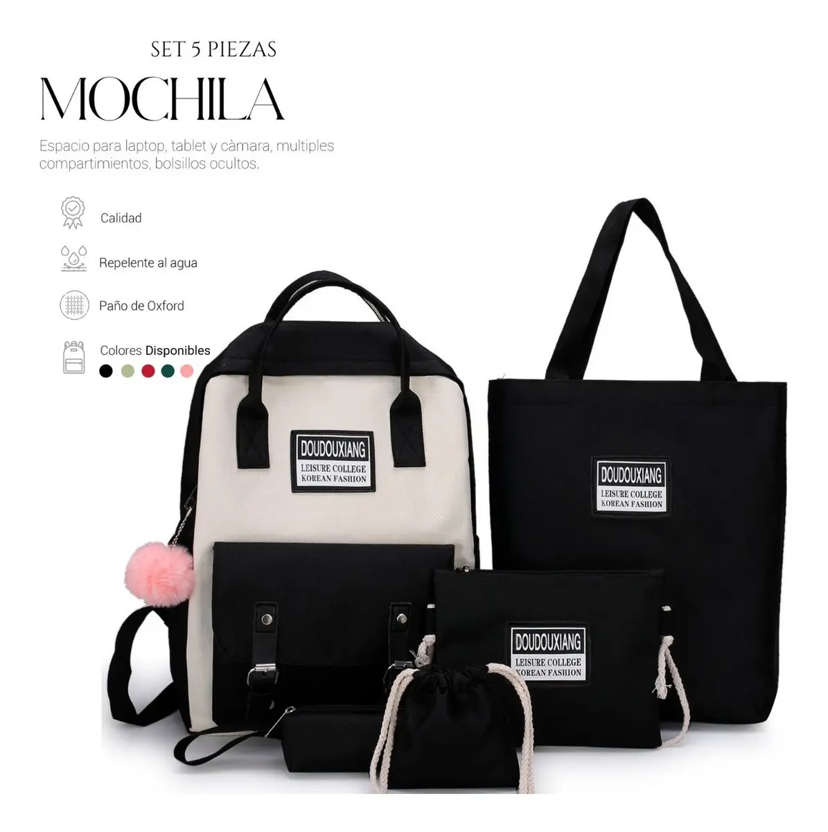Mochilas Set 5 Pzs Escolar Bolsas Lapicera Color Negro