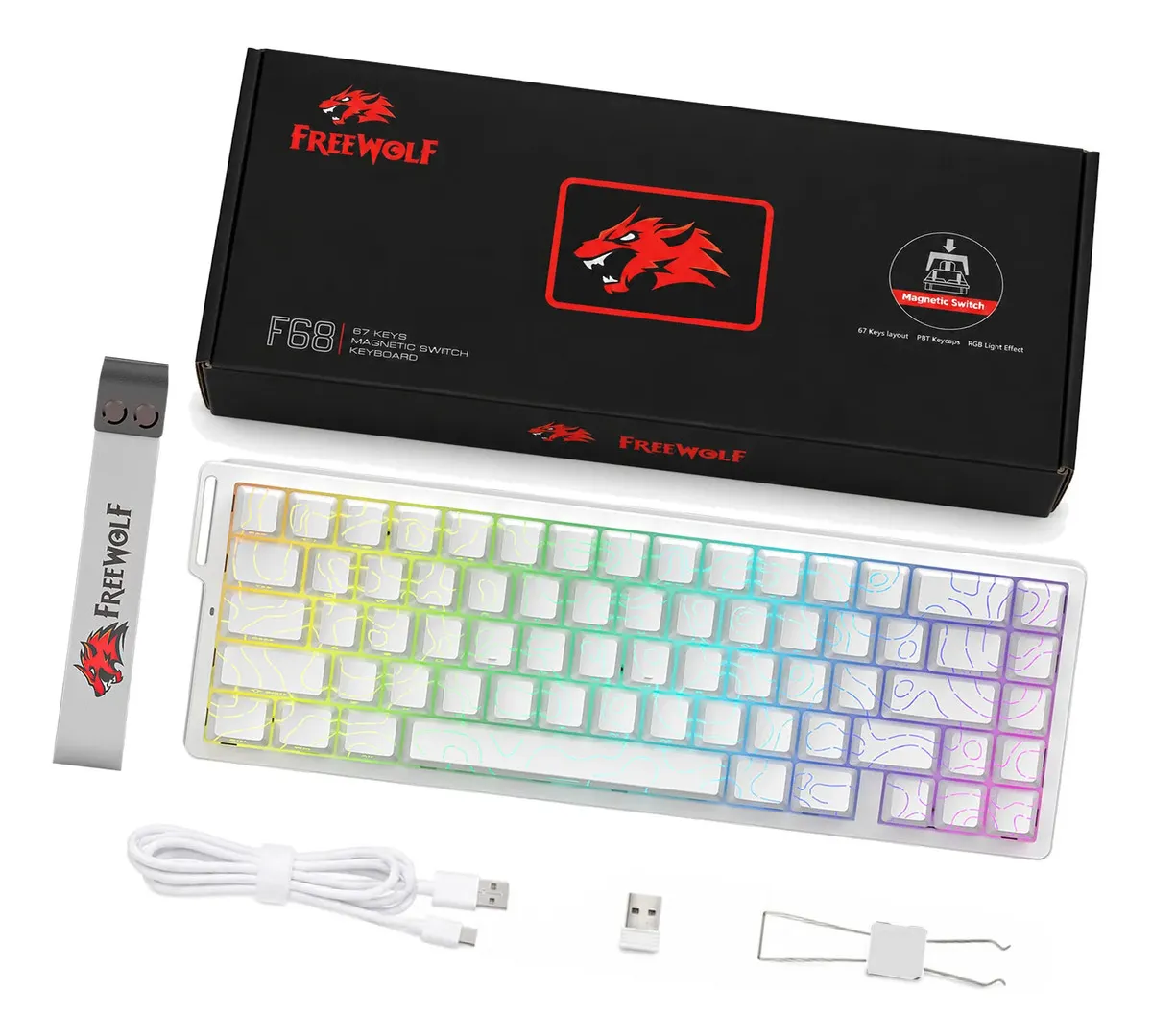Teclado Gamer Magnético Free Wolf F68 60% RGB Español ñ 8000Hz 0.1ms Rapid Trigger Accionamiento Ajustable USB-C Alámbrico Mini Teclado Hot Swap, Blanco