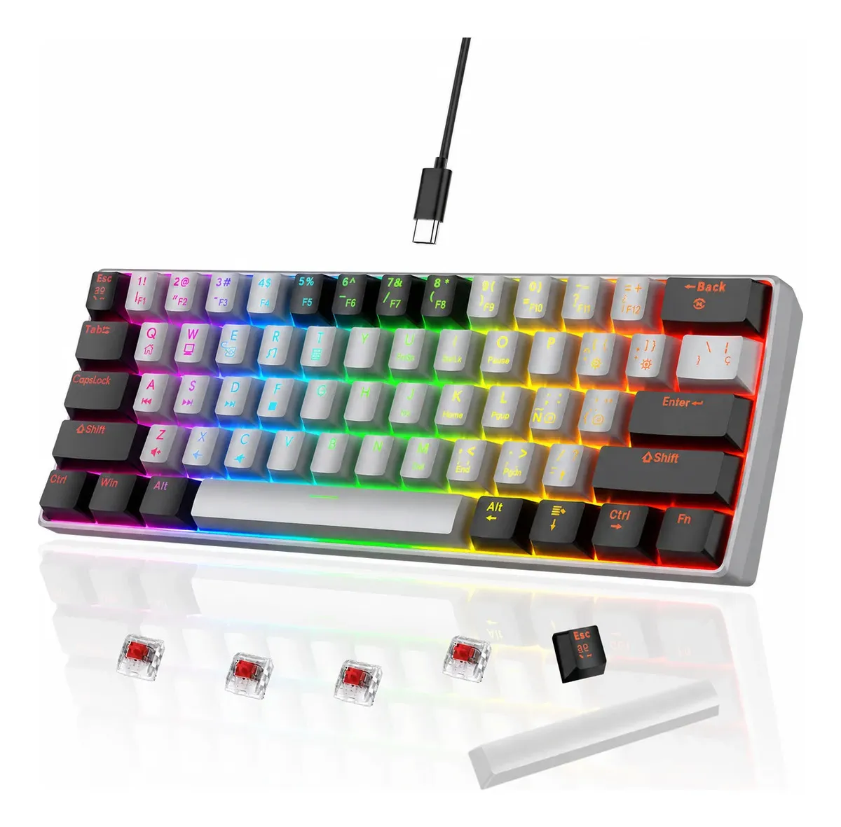 Teclado Mecanico Espanol 61 Teclas Alambrico, Ñ Teclado Numeric Gamer/pc Rgb Usb Con Cable Extraíble, Red Switch Y Hot Swap Keycaps, Teclado Mecanico Ergonomico Retroiluminado Para Computadora Negro