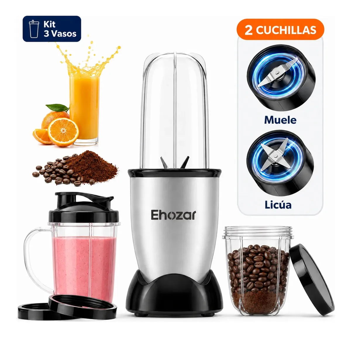 Licuadora Personal 500W Kit Completo 3 Vasos con Molino de Café Para Smoothies y Salsas Plateada
