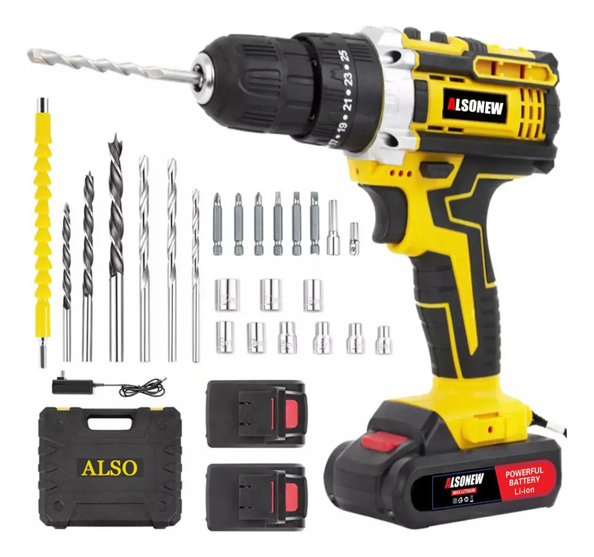 Alsonew Taladro de Impacto Inalámbrico color Amarillo con 2 Baterías 21v y con Maletín de Transporte