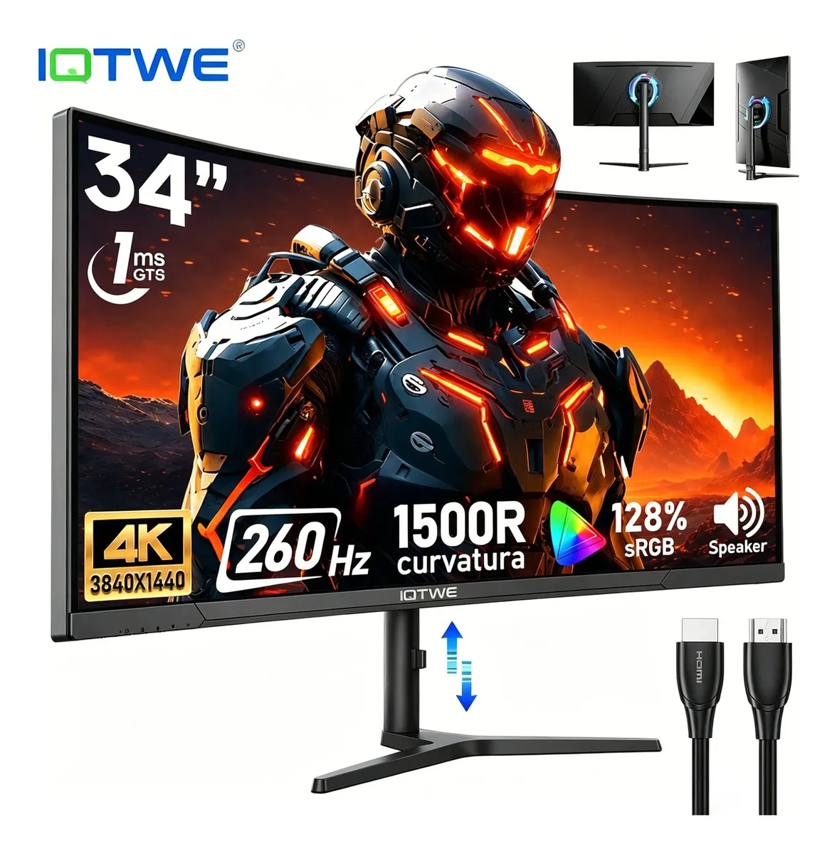 34'' 260Hz Monitor Gamer curvo UltraWide, 1ms Velocidad, WQHD 3840x1440,accesorios pc gamer,monitor para juegos de ordenador, AMD FreeSync Premium | HDR10 | 120 % sRGB | 75 mm VESA
