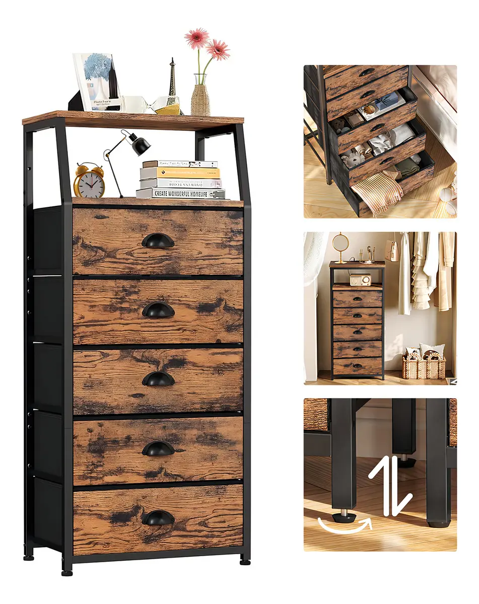 Furrific Buró Mesa De Noche Para Recamar Estilo Vintage Con 5 Cajones De Tela Y 2 Estantes Cada Capa, Como Comoda Cajonera , Cajonera Organizador, Cajones Para Ropa, Ropero Closet