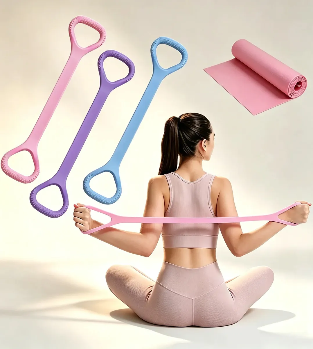 4pc Kit De Bandas De Resistencia Ligas con Asas,Cuerda de tracción de Yoga de 8 Formas y Banda de Yoga,Extensor de Entrenamiento Muscular,para Ejercicio,Gimnasia,Yoga,Pilates,Espalda Abierta y Hombros