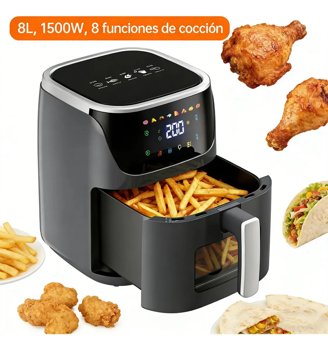 Freidora De Aire Digital Touch Negro air fryer 8L Freidora De Aire Multifuncional Premium Con Pantalla Táctil Y Capacidad De Negro
