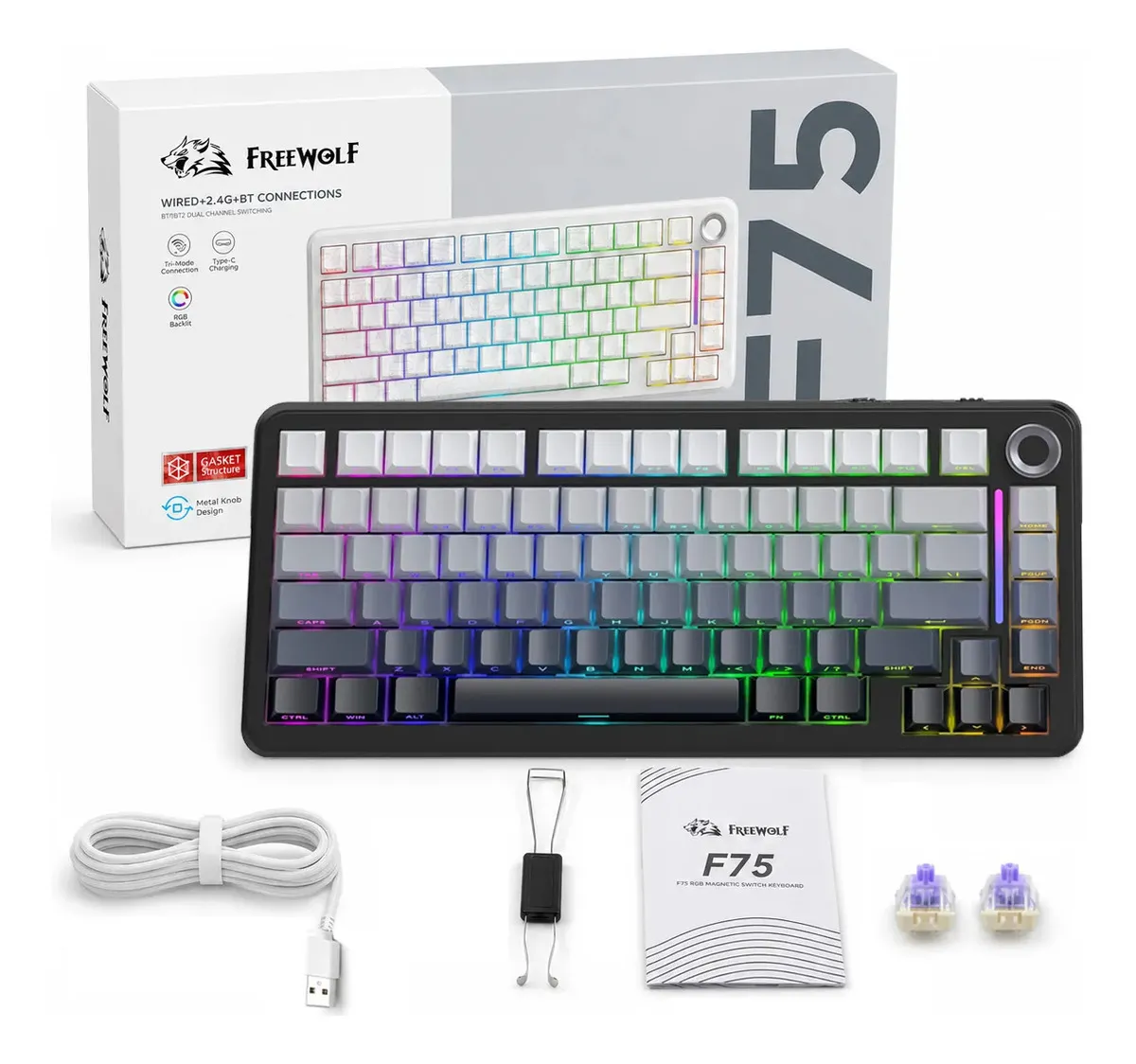 Teclado Mecanico Gamer 4000mAh Free Wolf F75 75% Gasket Con Perilla RGB Inalámbrico Hot Swap PBT Qwerty Teclado Inalambrico Teclado Gamer Español Con Rgb 2.4ghz/Bluetooth/Usb-C, Negro