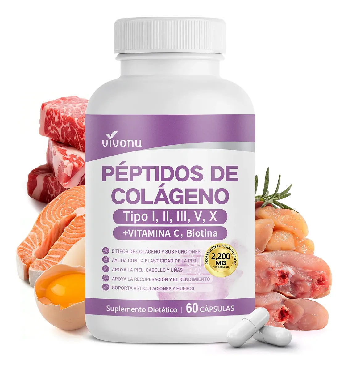Vivonu Péptidos De Colágeno 2200mg Tipo I, Ii, Iii, V, X