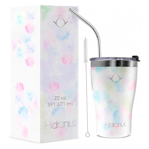 Hidranur Termo de Acero Inoxidable Doble Aislamiento Térmico, Termo 20 oz (591.471 ml), Termo para Café, Tapa Hermética Antifugas, Popote Incluido (Blanco Mármol, 20 Oz (591.471 ml))