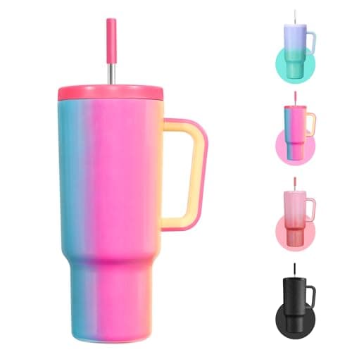 NACOOL Vaso de 40 onzas con Asa y Pajita, Vaso Térmico con Popote y Tapa Hermética, Mantiene las Bebidas Frías Hasta 15 Horas y Calientes Hasta 12 Horas, para Agua, Café (Degradado Colorido)
