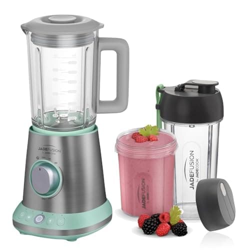 JadeCook Licuadora Procesador de Alimentos Jade Fusion de 8 Piezas con Vaso de Vidrio 1.8 Litros 1500w Tritura Bate Mezcla Cuchillas de Acero Inoxidable Incluye 2 Vasos Smoothies Batidos Frappe