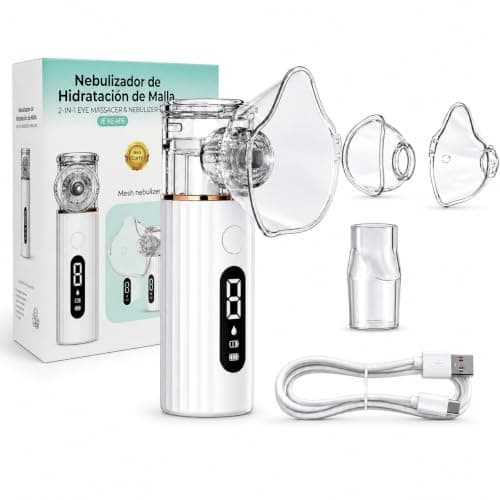 Nebulizador Portátil 2 en 1 con Accesorio Ocular, Recargable por USB, Pantalla LED, Tecnología de Malla Fina y Autolimpieza, Incluye Mascarillas para Adulto y Niño y Boquilla