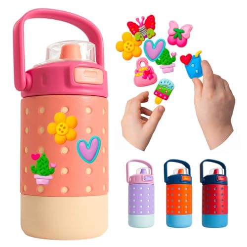 LUMO HOME Termo Termico Botella de Agua para Niños con Pajita de Acero Inoxidable 12oz con Pines/Charms a Prueba de Fugas para la Escuela, Deportes Libre de BPA (12oz 355ml) (Rosa)