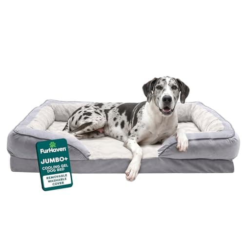 Furhaven Cama para Mascotas para Perros y Gatos, con Ondas de Felpa y Terciopelo, Estilo Sofá, Espuma Gel Refrescante, Funda Lavable, Granito, Jumbo Plus