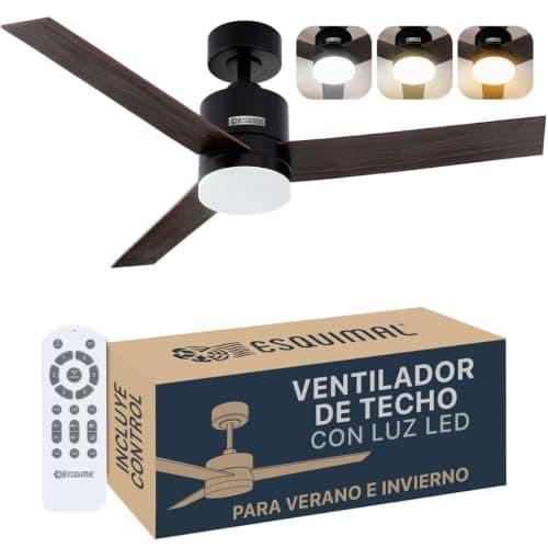 ESQUIMAL Ventilador de Techo con Lámpara Led, Abanico 122 cm Función Reversible, Aspas de Madera Doble Vista, 6 Velocidades, Temporizador 4 hrs (Negro)