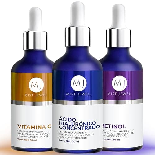 MIST JEWEL Kit de Skincare con 3 Serums Faciales: Vitamina C, Retinol y Ácido Hialurónico + Vitamina E | Rutina de sueros faciales Antiedad, Hidratante, Iluminadora Día y noche (KIT facial complete)