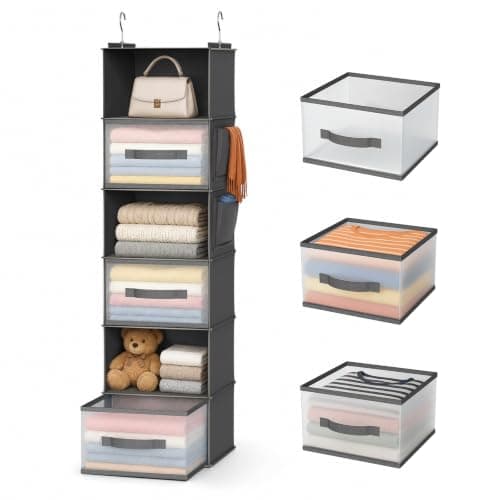 BIEBOS Organizador de Armario Colgante de 6 Niveles con cajones y Bolsillos Laterales: Almacenamiento versátil para Zapatos, Sombreros, Cinturones y Bolsos.