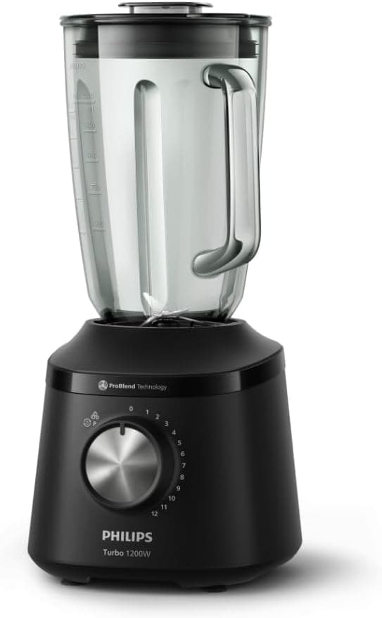 Philips Licuadora Serie 3000 con Motor ProBlend de 1200W, Jarra de Vidrio de 2L, Control de 12 Velocidades, Cuchillas para Triturar Hielo, Diseño Apt o para Lavavajillas, Negro (HR2263/91)