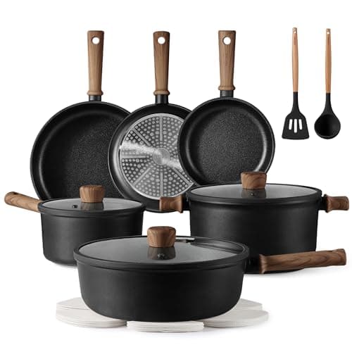 CAROTE – Batería de Cocina 16 Piezas, Ollas y Sartenes Antiadherentes, Mango Frío, Color Negro, Compatible con Inducción y Gas