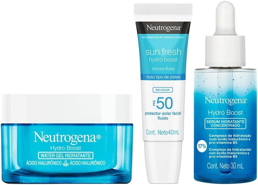Kit Favoritos de Belleza: Neutrogena Hidratante Facial Hydro Boost Water gel 50 g+ Neutrogena Sun Fresh Hydro Boost Sin Color FPS 50 40mL + NEUTROGENA HYDROBOOST SERUM 30ML