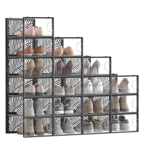 SONGMICS Cajas para Zapatos Transparentes, 18 Cajas, Talla 43, Apilables, Organizadores Plegables, Transparente y Negro MLSP106B18V2