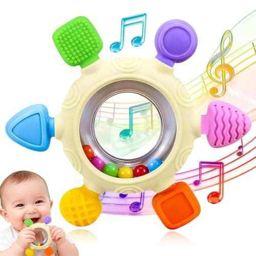 Mordedera para Bebé de Silicona Sin BPA, Mordedores Sensoriales con Sonajero para Aliviar Encías y Dentición, Diseño Ergonómico con Texturas, mordederas para bebe 3 a 6 meses, Mordedera Infantil (Beige)