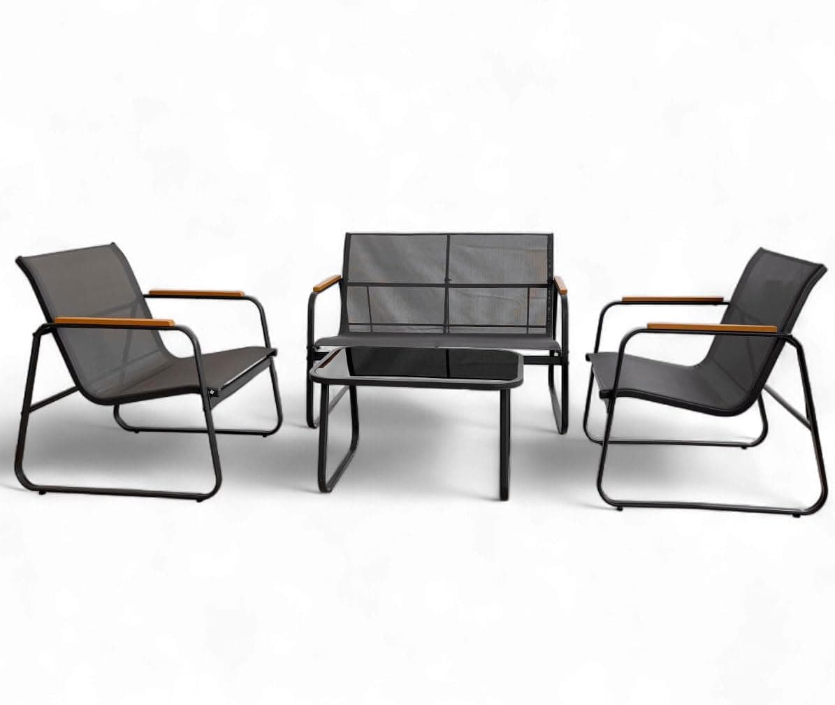LUMO HOME Juego Sala para Jardín 4 Piezas para Exterior | Elegante Mesa de jardín con sillas | Set Jardin para Exteriores Moderno| Sala Resistente al Polvo y Agua Confeccionada en Textileno (Gris)