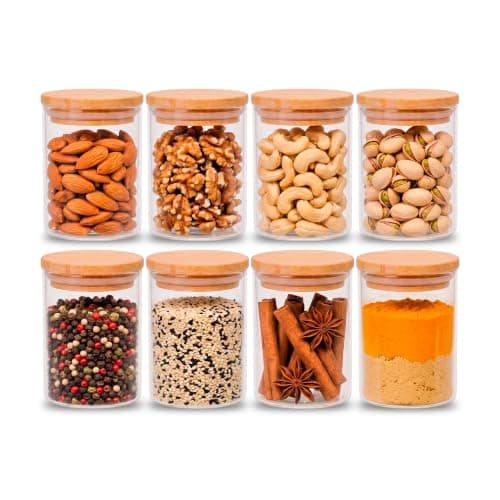 CASA LITUS Recipientes Herméticos de Vidrio con Tapa de Bambú (8 Piezas), Contenedores de Vidrio para Organización de Cocina, Hogar y Baño, Frascos para Almacenar Especias y Semillas, Tamaño Chico