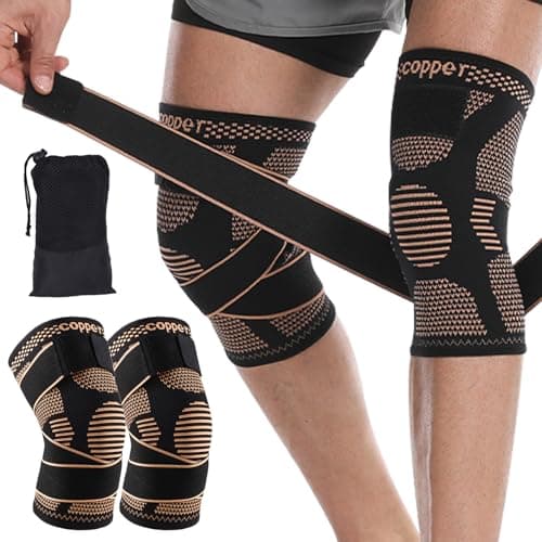Feokely Rodilleras Gym con Fibra de Cobre 2 Piezas, Rodillera Deportiva Ajustable y Ortopédica para Hombres y Mujeres, Soporte para Menisco, Rodilleras Basquetbol, Correr y Levantamiento(L)