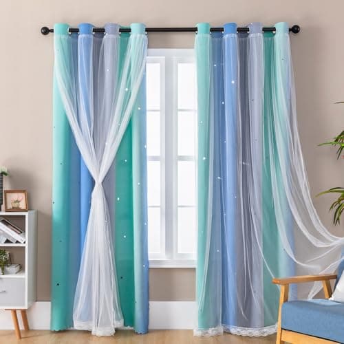 XiDi Cortinas Térmicas Opacas con Ojal para Salón Rainbow Wall Decor Cortinas de Guardería Doble Capa con Red Verde Azul Gris 87×183 cm Green BlueGrey/86/183/2 MX