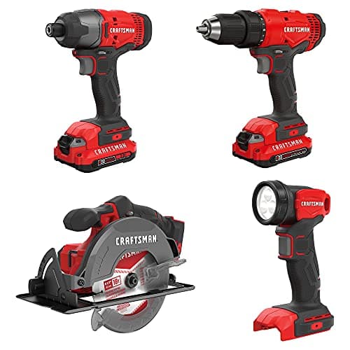 CRAFTSMAN Kit de Herramientas 20V Inalámbricas con Taladro Atornillador Sierra Circular Atornillador de Impacto y Linterna con 2 Baterias CMCK401D2