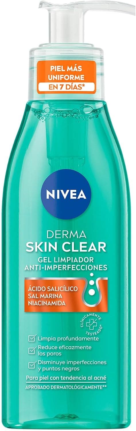 NIVEA Derma Skin Clear Gel Limpiador Anti-imperfecciones (150 ml), con Ácido Salicílico, Sal Marina y Niacinamida. Elimina los puntos negros y blancos para una Piel visiblemente mejorada en 7 días.